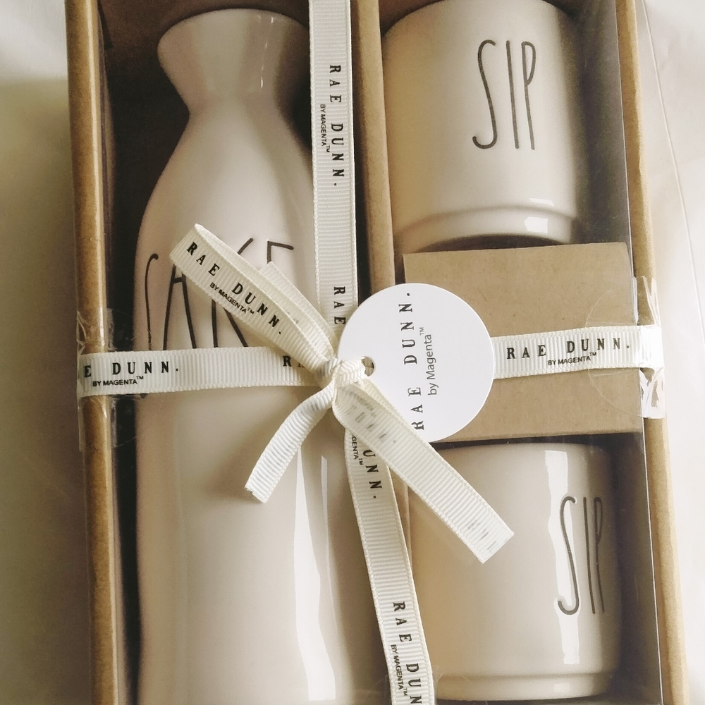 Rae Dunn SAKE Pitcher SIP Cups Glossy White Cerami